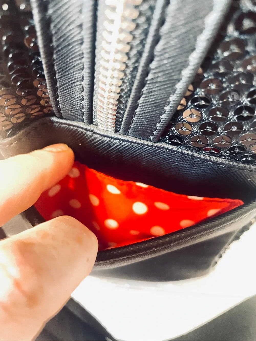 Loungefly Black Sequined Minnie Mouse Mini Backpack with Red Bow and Mouse Ears